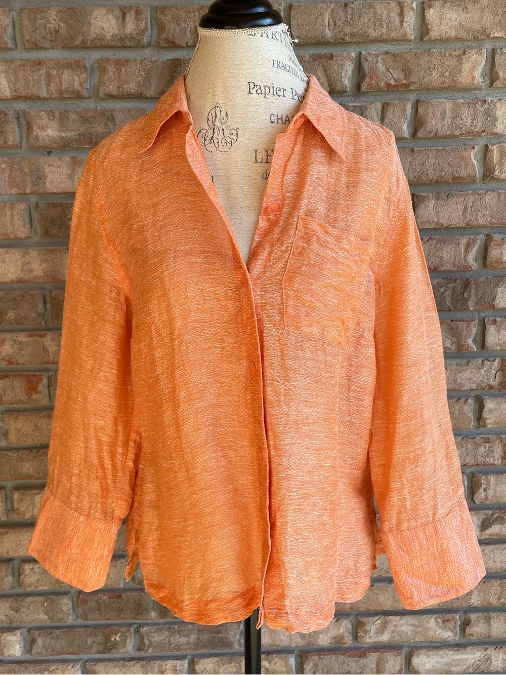 Coldwater Creek Silk/Linen Blend Lightweight Orange Button-Down Shirt